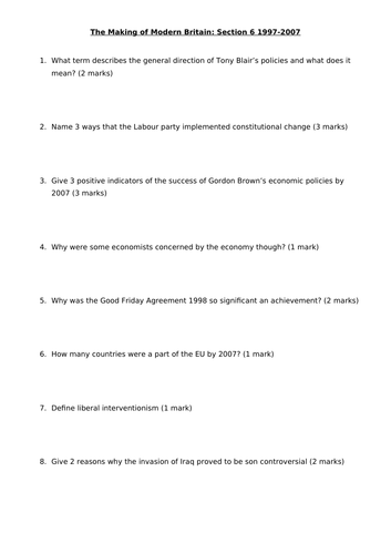 AQA Making of Modern Britain Section 6 Test