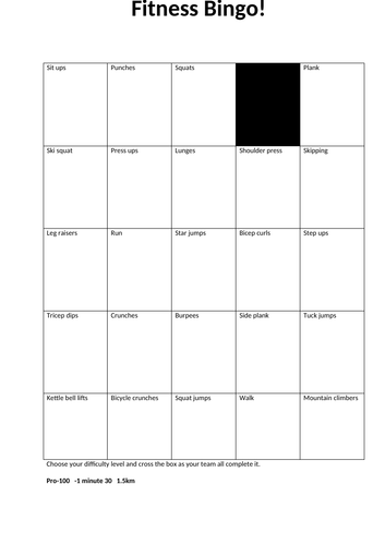 Fitness Bingo sheet