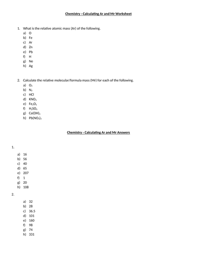 Relative Atomic Mass (Ar) and Relative Molecular/Formula Mass (Mr) Worksheet