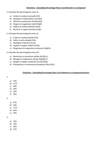 Chemistry Calculating Percentage Mass of an Element in a Compound Worksheet
