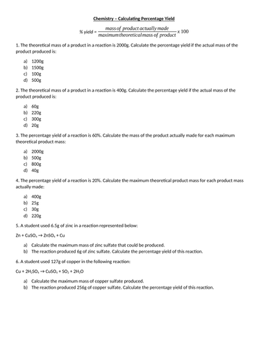 Chemistry Calculating Percentage Yield