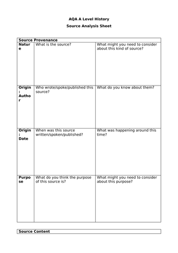 AQA A Level History Source Analysis Sheet