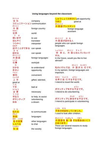 GCSE Japanese - Using languages beyond the classroom VOCAB LIST & READING