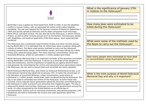 Holocaust Memorial Reading Comp with inference questions and multiple choice questions