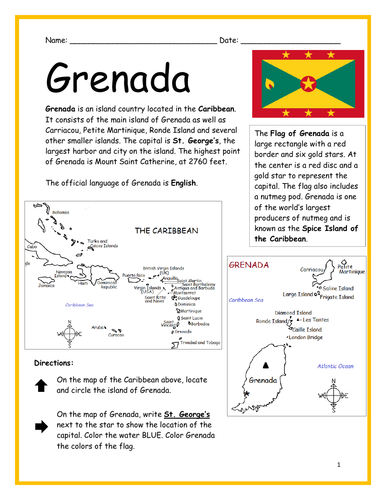 Grenada Introductory Geography Printable Worksheet with map