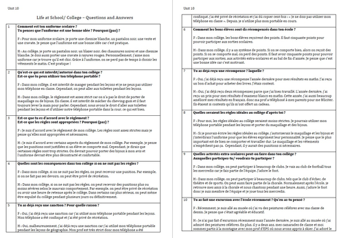 Unit 10- Questions and Model Answers- GCSE French