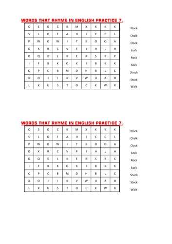 WORD SEARCH OF WORDS THAT RYHME IN ENGLISH PRACTICE 7.