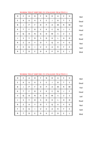 A WORD SEARCH OF WORDS THAT RHYME IN ENGLISH PRACTICE 1.