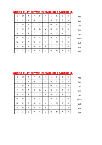 A WORD SEARCH OF WORDS RHYME IN ENGLISH PRACTICE 3.