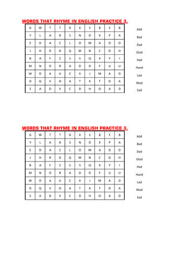 A WORD SEARCH OF WORDS RHYME IN ENGLISH PRACTICE 3. | Teaching Resources