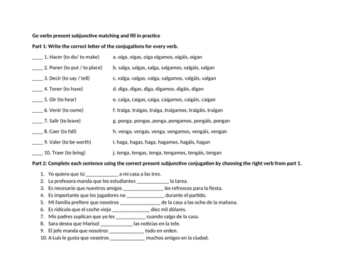 Go verbs present subjunctive matching and fill in practice