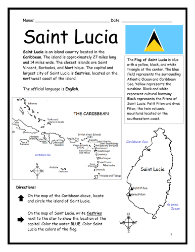 Saint Lucia Introductory Geography Printable Worksheet with map and flag