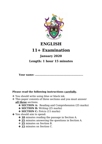 11+  Entrance Examination and Mark Scheme. Created for purpose by a prestigious school.