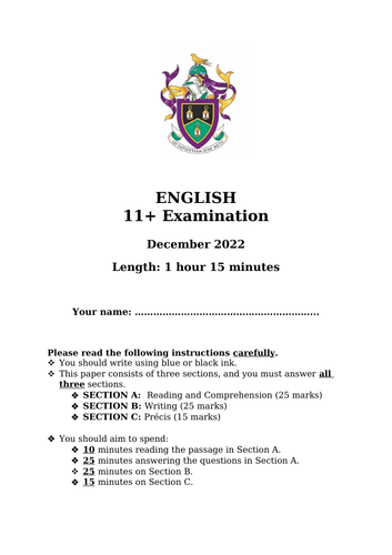11+ 2022 Entrance Examination Paper and Mark scheme (Completely bespoke)