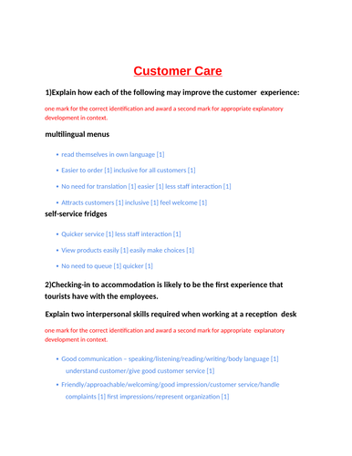 Model Answers of Unit 3. Customer Care Classified IGCSE Q/ 0471- Travel & Tourism Subject