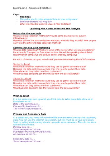 BTEC Tech Award Digital Technology Level 1/2: Component 2 Learning Aim A Help Sheet