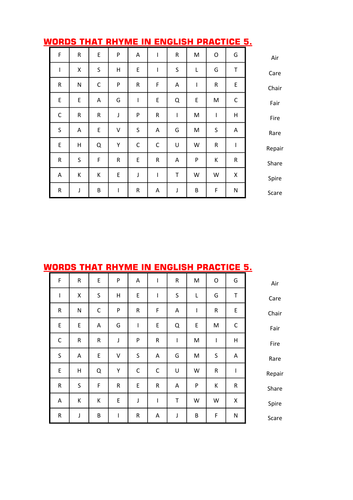 A WORD SEARCH OF WORDS THAT RHYME IN ENGLISH PRACTICE 5