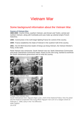 Revision Note and use of  photographs to study Vietnam War