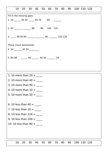 Count in 10's - 10 more or less