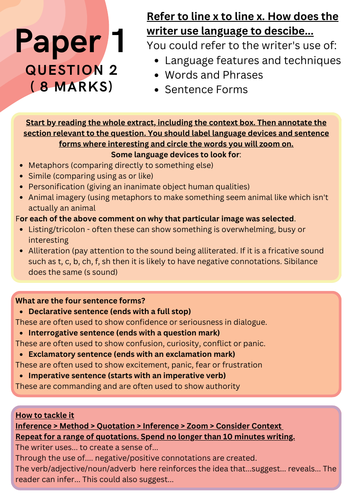 AQA English Language GCSE Reading Section Support Sheets Q2,3 and 4