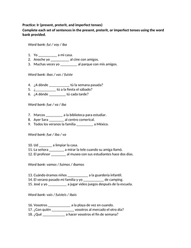 Practice: Ir (to go) present, preterit, and imperfect tenses