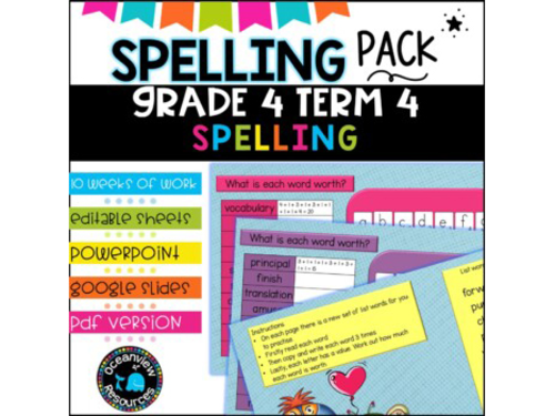 Spelling Pack for Term 4 Grade 4 - Suitable for Distance Learning