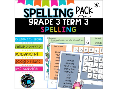 Spelling Pack for Term 3 Grade 3- Suitable for Distance Learning