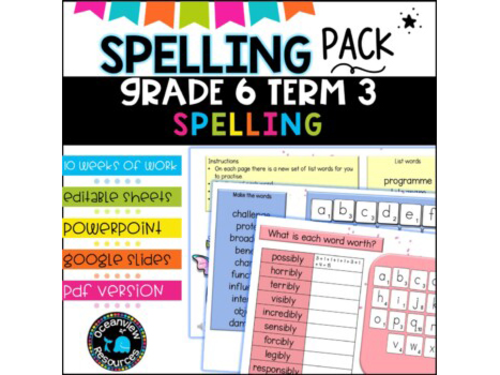 Spelling Pack for Term 3 Grade 6 - Suitable for Distance Learning