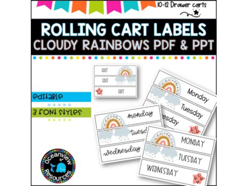 10 Drawer Rolling Cart Labels | CLOUDS AND RAINBOWS DESIGN I Teacher Trolley