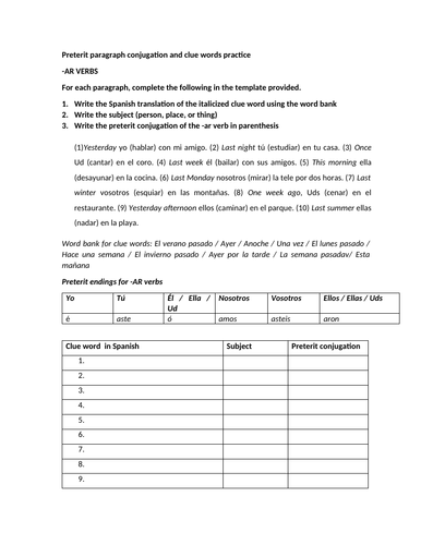 Preterit paragraph conjugation and clue words practice