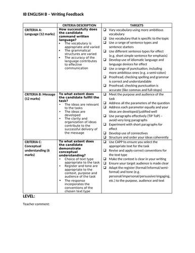 IB English B Writing Feedback sheet