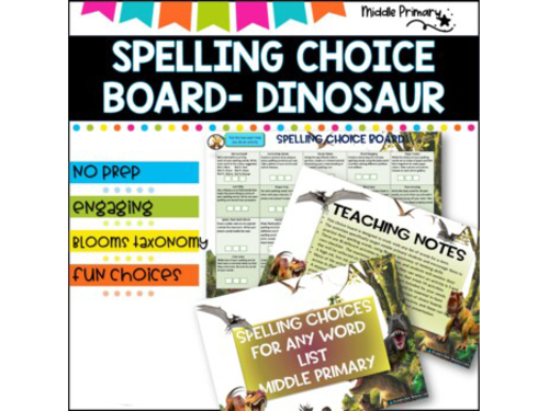 Spelling Choice board Middle Primary- Dinosaur Themed