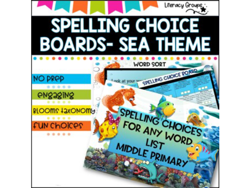 Spelling Choice board Middle Primary- Ocean Theme