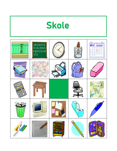 Skole materiell (School Supplies in Norwegian) Bingo