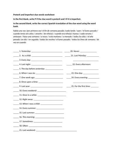 Preterit and imperfect clue words worksheet