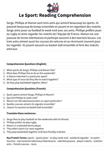 Le Sport Reading Comprehension KS3/4 | Teaching Resources