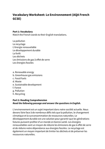 Vocabulary Worksheet: Le Environnement (AQA French GCSE)