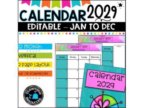 2029 Calendar Editable-January to December