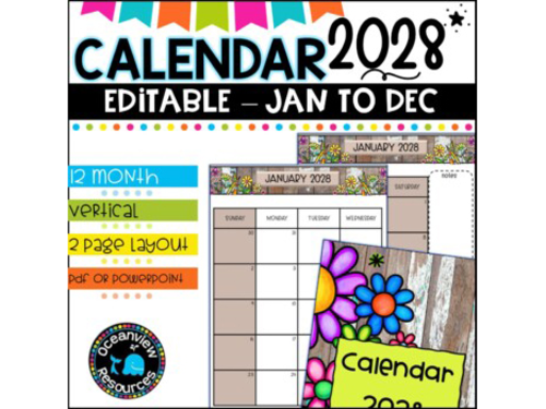 2028 Calendar Editable-January to December | Teaching Resources