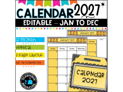 2027 Calendar Editable-January to December | Teaching Resources