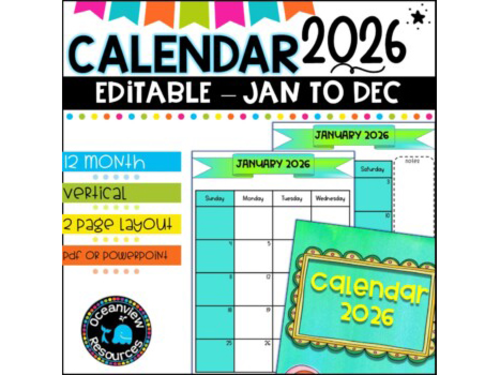 2026 Calendar Editable-January to December