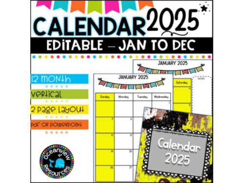 2025 Calendar Editable-January to December