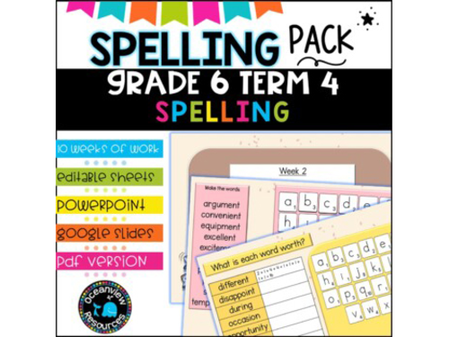 Spelling Pack for Term 4 Grade 6 - Suitable for Distance Learning