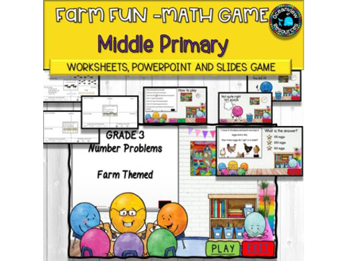 Farm Math Problems for Middle Primary students-Powerpoint game and worksheets