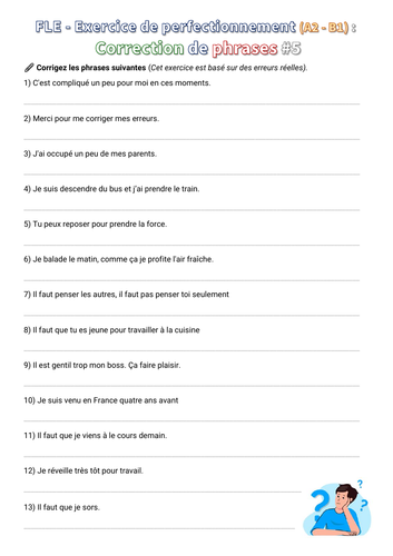 [French writing] 13 incorrect sentences to correct, with answer key (series 5)