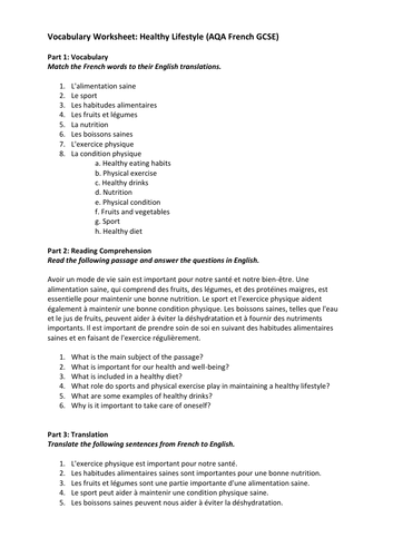 Healthy lifestyle: Un mode de vie sain French AQA GCSE Reading worksheet