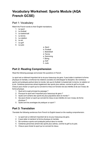 Vocabulary Worksheet: Sports Module (AQA French GCSE)