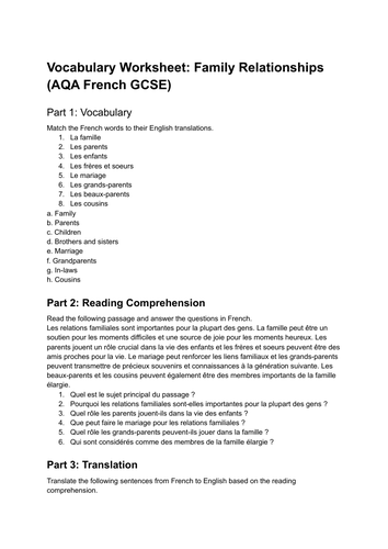 Vocabulary Worksheet: Family Relationships (AQA French GCSE)