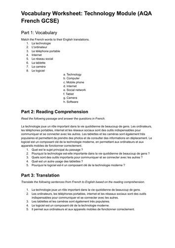 Vocabulary Worksheet: Technology Module (AQA French GCSE)