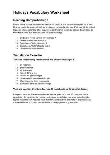 Holidays Vocabulary Worksheet AQA French GCSE